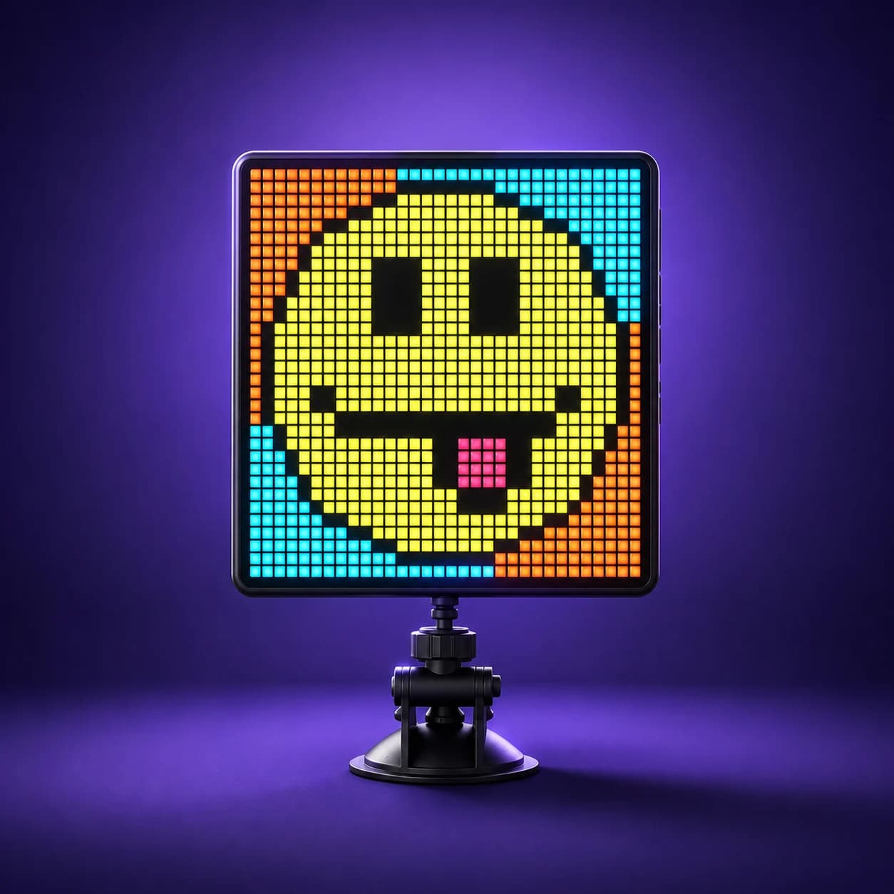 Afficheur pixel-art LED 32x32 allumé sur son support, affichant un visage en pixel art